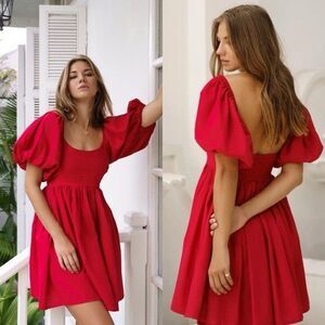 NWT Bali ELF Strawberry Fields Puff Sleeve Mini Dress Red Linen Womens L Boho